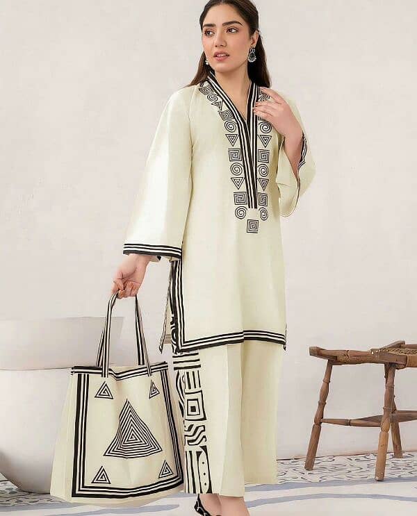 sale3-Piece Women's Stitched Linen Printed Suit with Handbag – Stylish 14