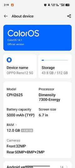 oppo Reno 12  12/512 10/10 condition all complete box charger