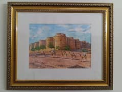 Elegant Gold-Framed Desert Fortress Watercolor – Timeless Wall Art