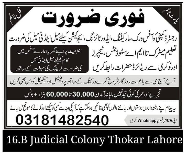 Required Male/Female staff for our office in Lahore 0