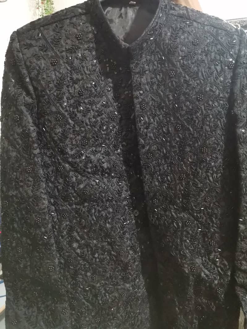 Black Sherwani with mehroom kulla only 1 time used. 1