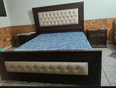 King Size Wooden Bed with Two Side Tables & Mattress