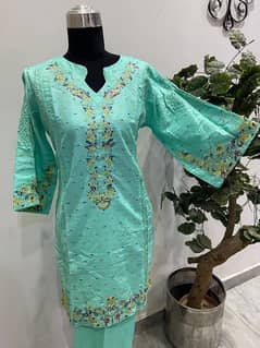 2pcs- women's Stiched cotton embroidered shirt and trouser 0