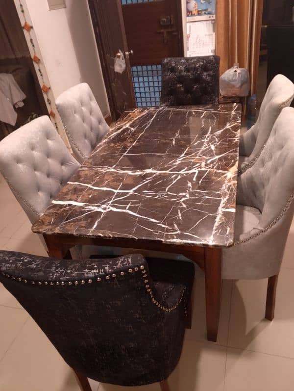 Marble Dining Table With 6 Comfortable Turkish Cloth Chairs 3