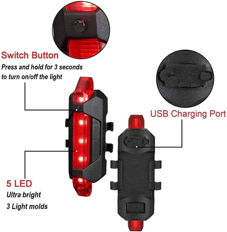 3 Lighting Modes. Chargeable Headlight Tail Light Set For Bike Cycling 11