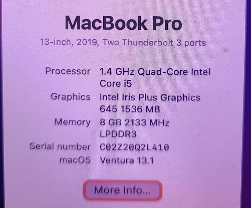 MacBook Pro (13-inch, 2019, Two Thunderbolt 3 ports) Minor Defect 2