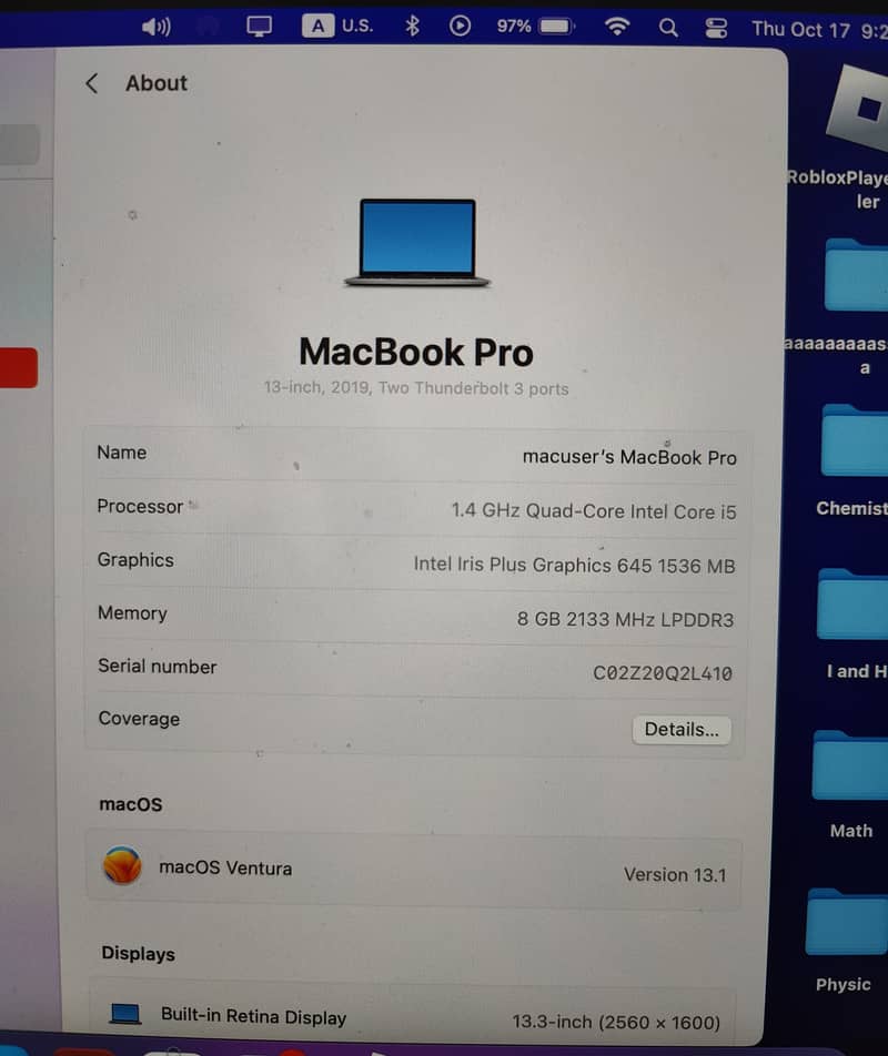 MacBook Pro (13-inch, 2019, Two Thunderbolt 3 ports) Minor Defect 3