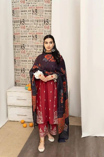 3 Pcs Women's Unstitched Dhanak Embroidered Suit free delivery 2