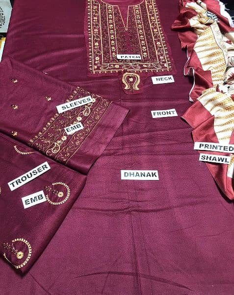 3 Pcs Women's Unstitched Dhanak Embroidered Suit cash On delivery 4