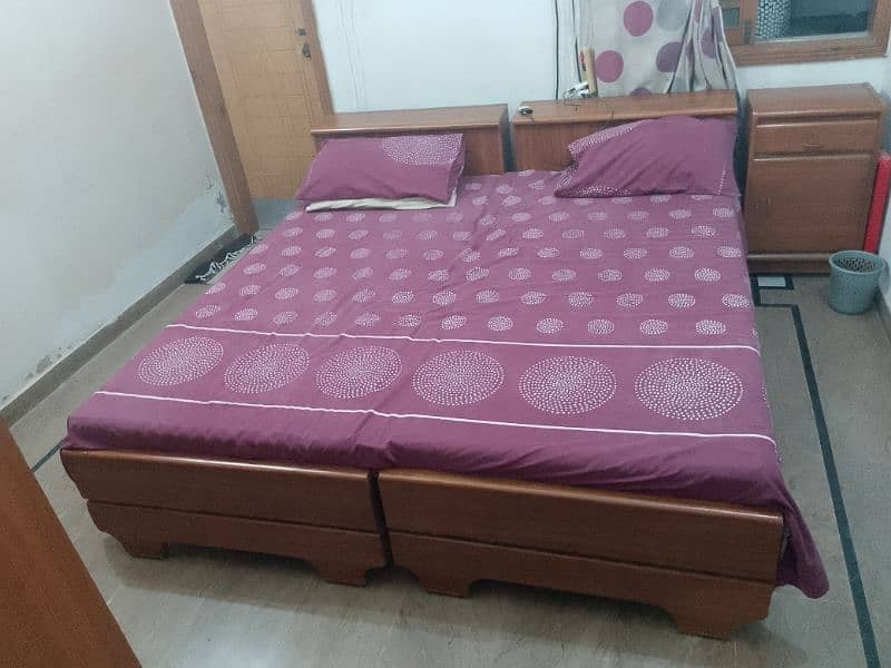 2 single bed with Molty Ortho Mattress+ 3 door cupboard+ 2 side tables 1