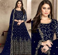 Ladies Chiffon Crincle Embroidered Frock Navy Blue FL-70 (Unstitched)