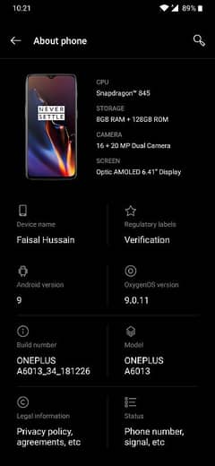 One Plus 6T 8GB 128GB Black color