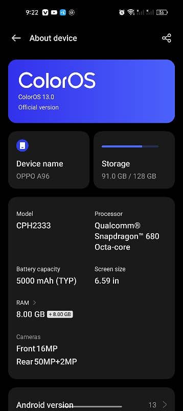 Oppo A96 8+8 ram 128 storage 4