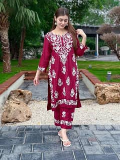 2 pieces women's stitched linen embroidered shirt and trouser