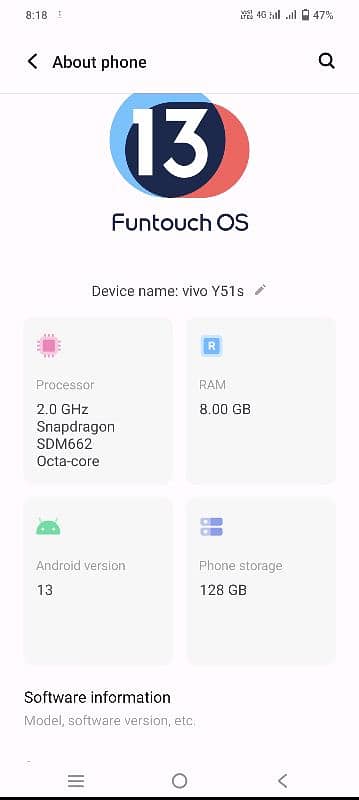 y51s 8+4(128) snapdragon 662 android version 13 gaming processor 1