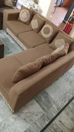 L Shaped Brown Sofa with Cushions - 5 Seater & Table Set