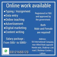 Online work available  Whatsapp contact 03121655123