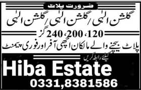 PLOT FOR SALE GULSHAN E ELAHI SCHEME 33 NEAR AL HABIB RESTAURANT,CONTACT 0331,8381586.