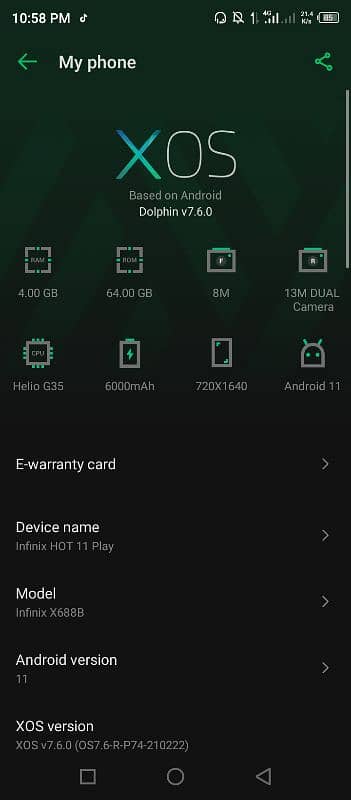 infinix hot 11 play 4/64 GB 6000 mAh long time battery 6