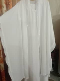 haleema style white long frill abaya large size 3 pieces