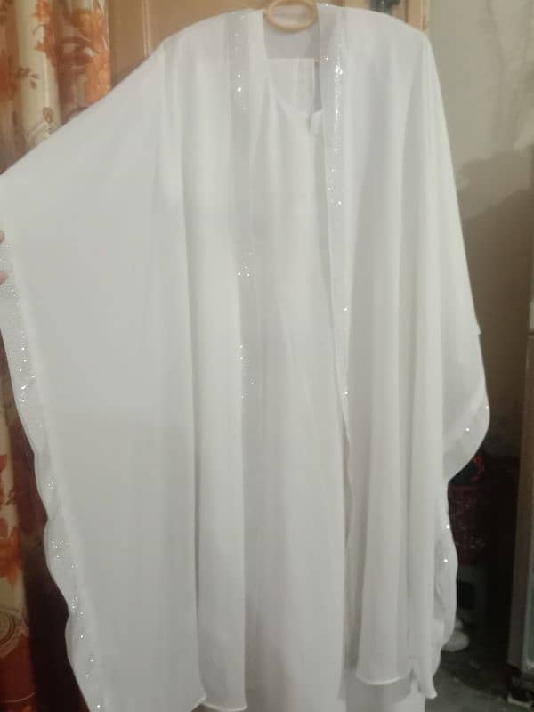 haleema style white long frill abaya large size 3 pieces 1