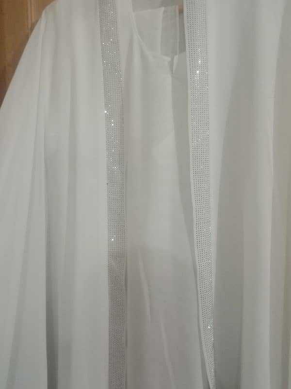 haleema style white long frill abaya large size 3 pieces 2