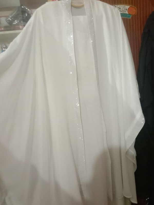 haleema style white long frill abaya large size 3 pieces 3