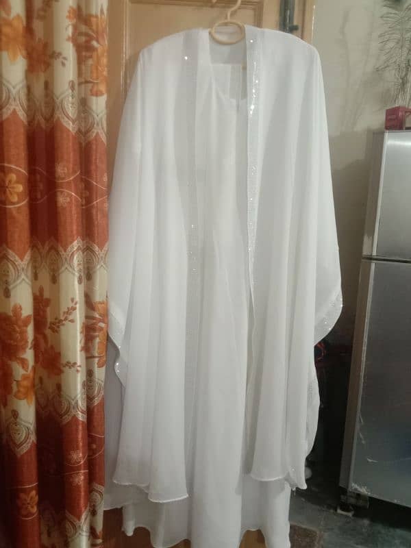 haleema style white long frill abaya large size 3 pieces 5