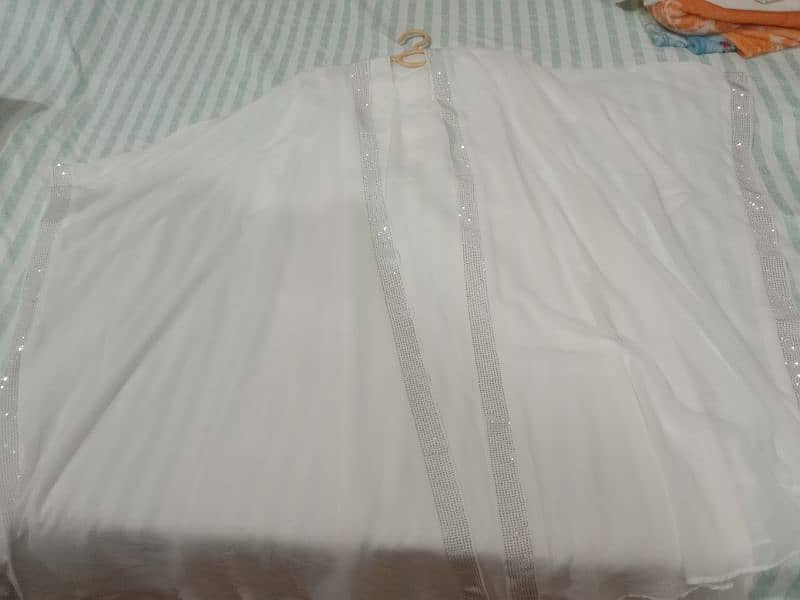 haleema style white long frill abaya large size 3 pieces 7