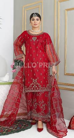 Organza 3 PCs hand made stone work suit with plazo 0