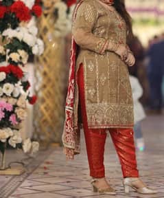 brown full worked shirt red shaffon dupatta jamawar pajama