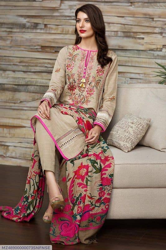 3 Pcs Women's Unstitched Dhanak Embroidered Suit 1