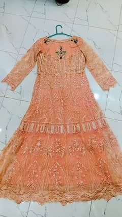 peachy pink long maxi with shalwar and dupatta