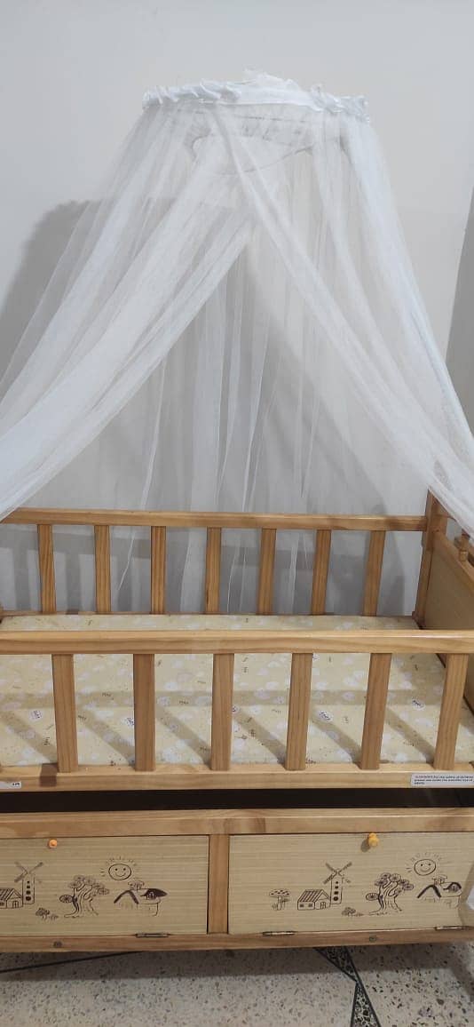 Baby Crib Bed with Mosquito Net and Drawer - Kids Sleep Swing Wooden 1