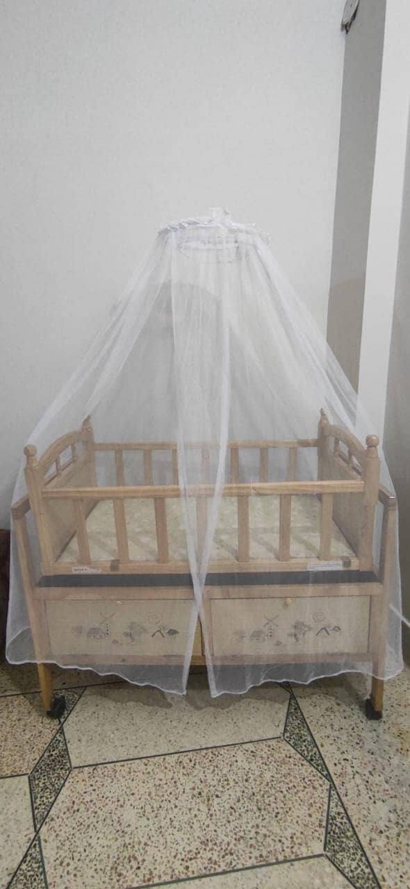 Baby Crib Bed with Mosquito Net and Drawer - Kids Sleep Swing Wooden 2