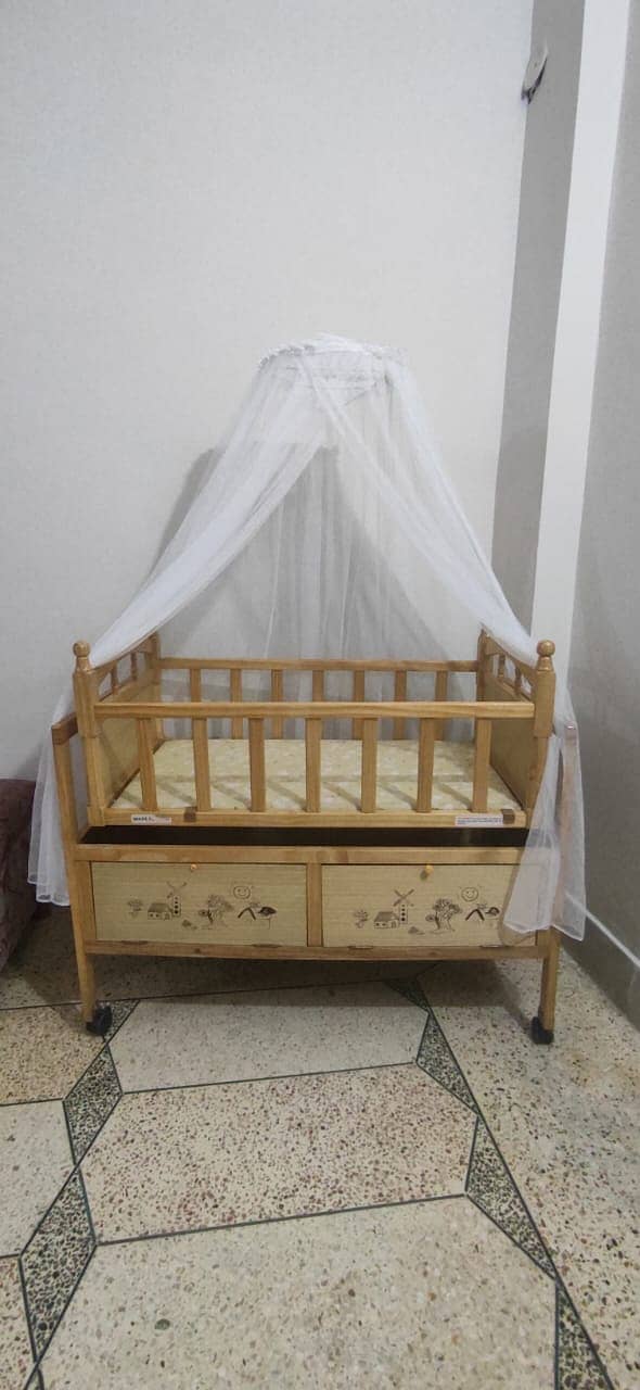 Baby Crib Bed with Mosquito Net and Drawer - Kids Sleep Swing Wooden 3