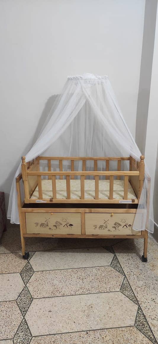 Baby Crib Bed with Mosquito Net and Drawer - Kids Sleep Swing Wooden 6