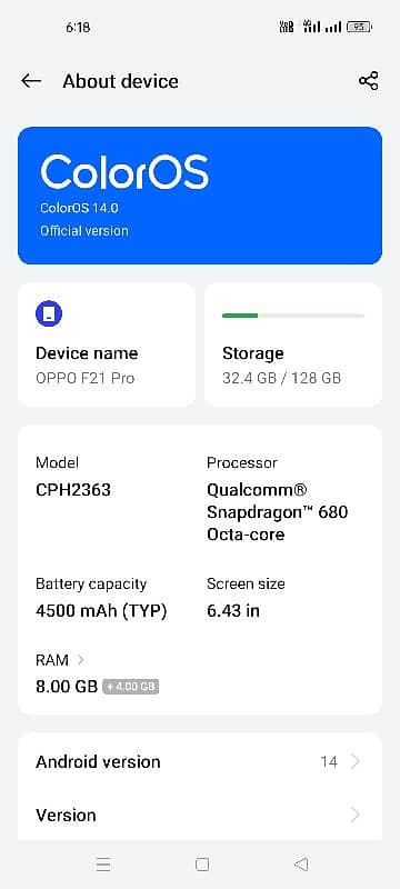 oppo f21 pro 8+4/128 good condition 0