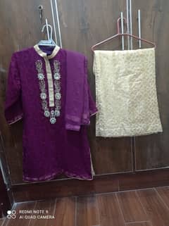 Purple brocha net shirt with chiffon duppata &jamawar trousar for sale