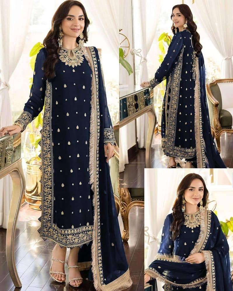 "3 Pcs Women's Stitched Crinkle Chiffon Zari Embroidered Suit - Styli 1