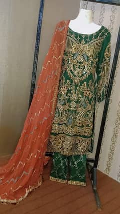 3pc,handwork on shirt with big stones,pure dupatta,embroidered trouser