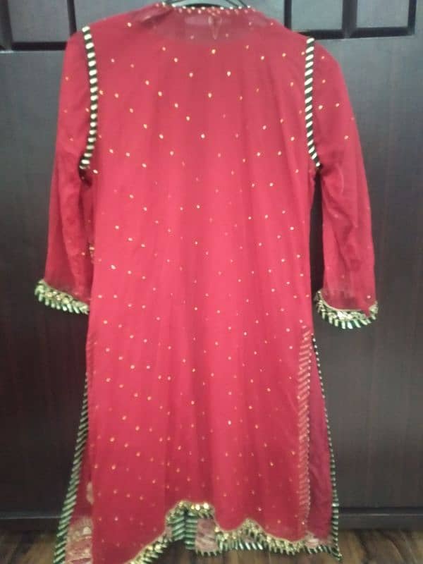 Red coat, shirt, duppta golden dapka work, green jamawar trouser 1