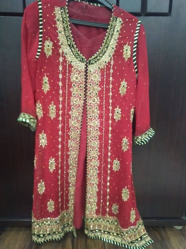 Red coat, shirt, duppta golden dapka work, green jamawar trouser 2