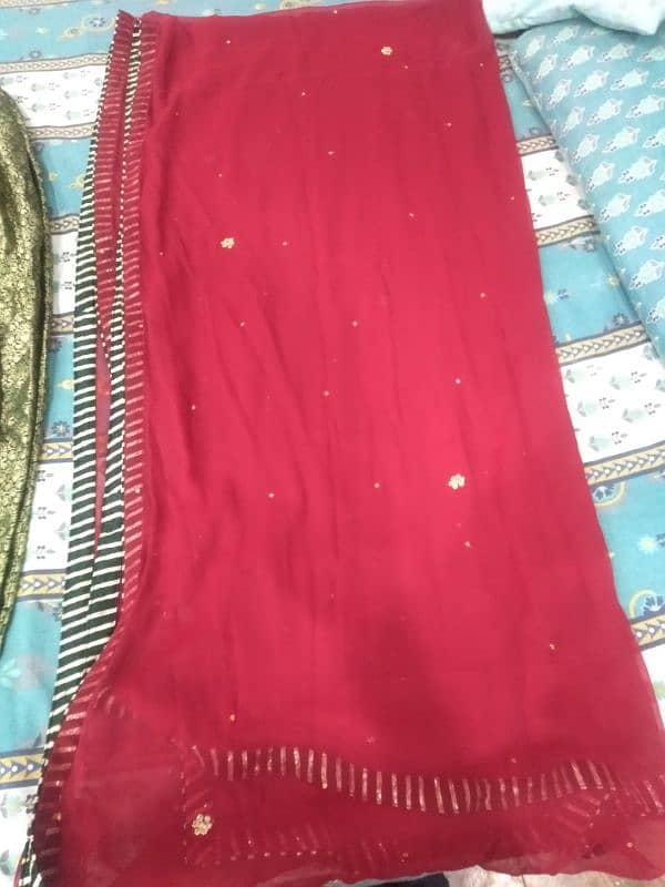 Red coat, shirt, duppta golden dapka work, green jamawar trouser 4