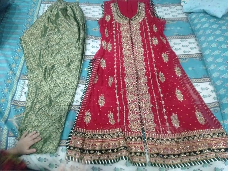 Red coat, shirt, duppta golden dapka work, green jamawar trouser 6