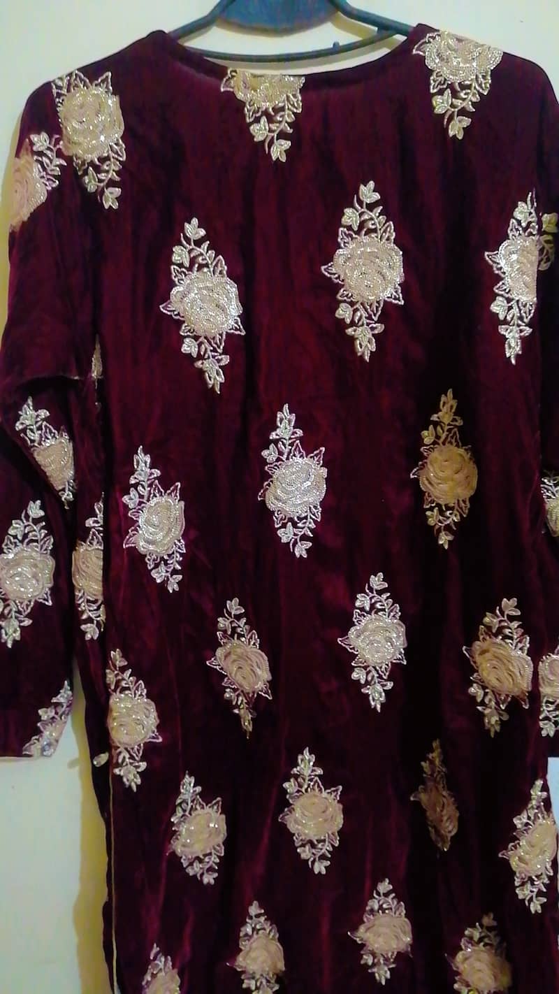 Embroidered Maroon Velvet Wedding/Party Suit 2