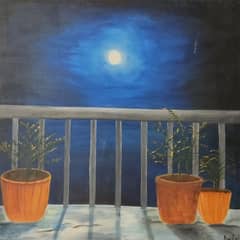 oil painting featuring a beautiful view of moon, at canvas.