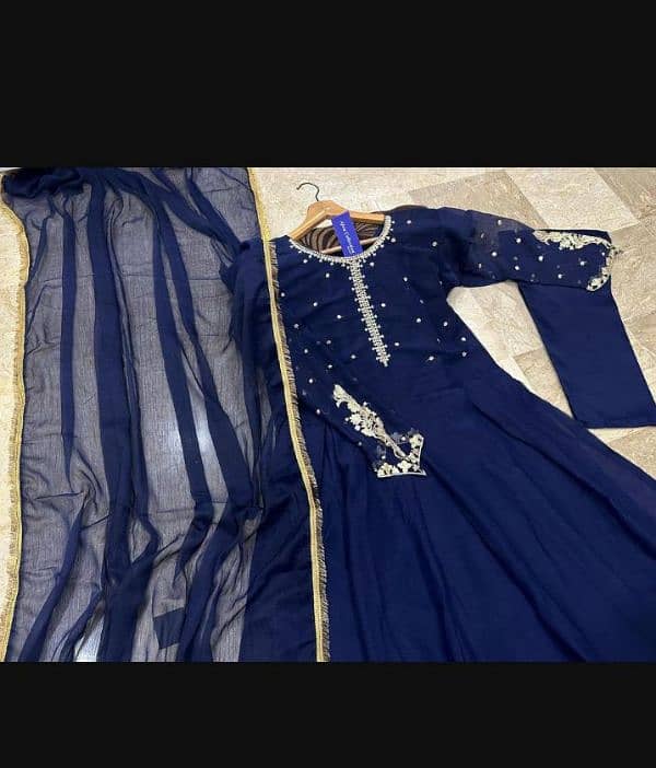 3 Pcs Women's Stitched Chiffon Zari Tilla Embroidered Maxi and Trouser 3