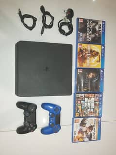 PS4 SLIM 500 GB 10/10 ORIGINAL BOX CABLES + 2 CONTROLLERS + 5 GAMES 0