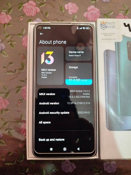 Redmi note 9 128 GB, 4+2 GB Ram, box avlble condition 8/10 single hand 1